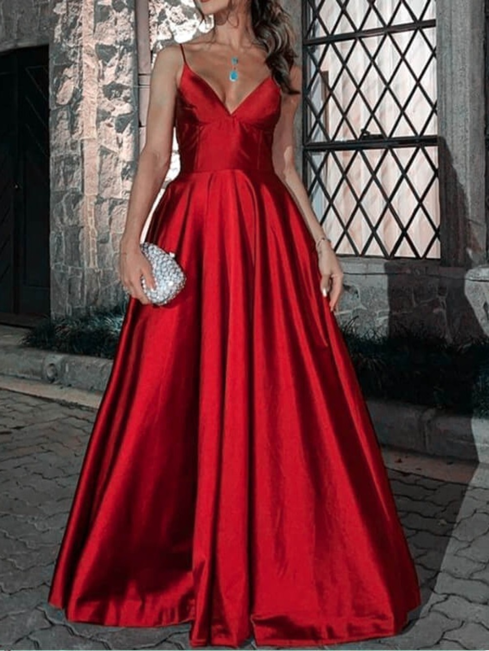 Betsy & Adam Red Satin V-Neck Spaghetti Strap Maxi Gown